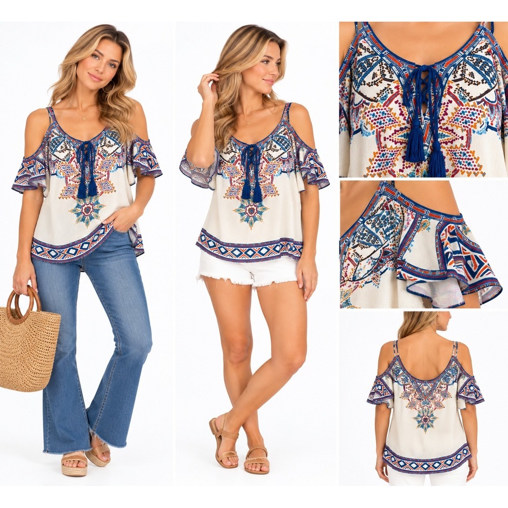 Flying Tomato L Cream Blue Cold Shoulder Geometric Tassel Boho Chic Top IT9511